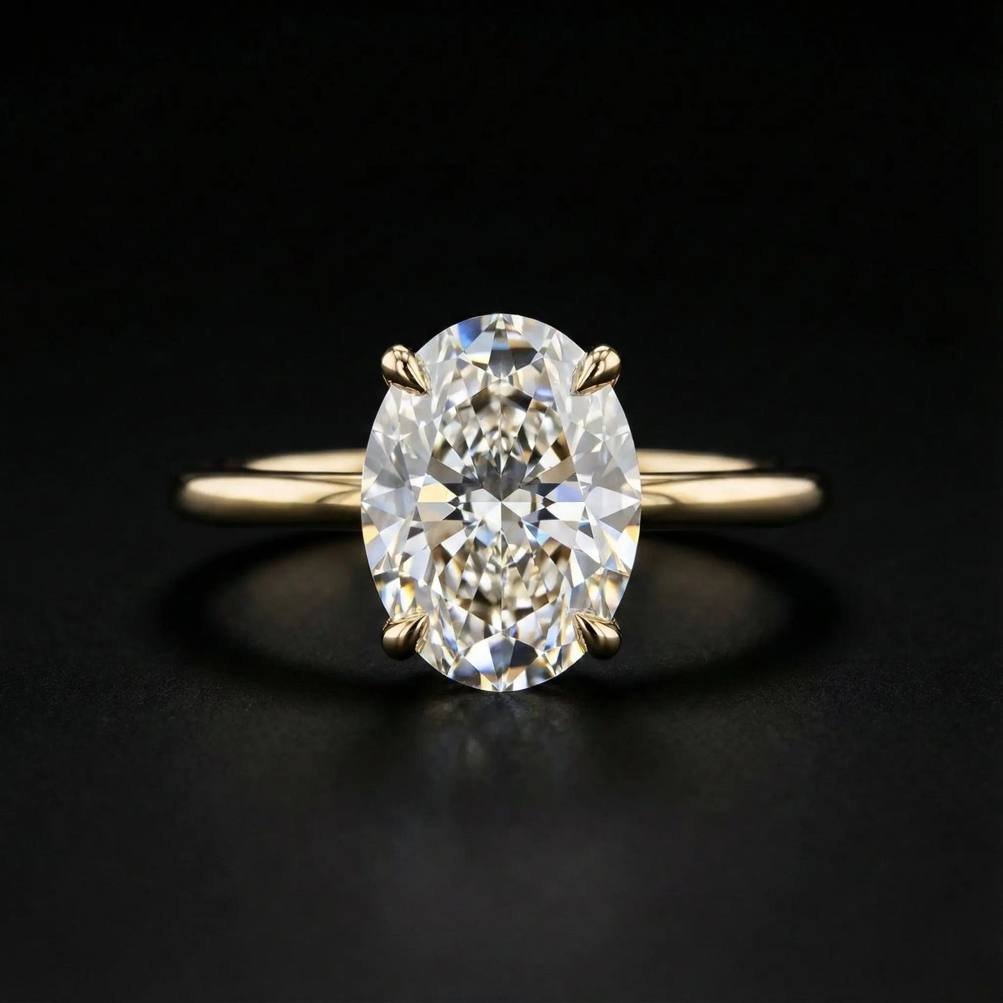 Gold ring with a large diamond on a black background