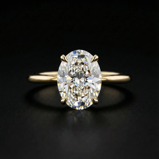 Gold ring with a large diamond on a black background